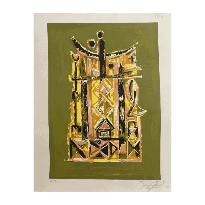 Le Pêcheur, sérigraphie de Mohamed Azouzi, 1996 — 40 × 50 cm, scène de vie marocaine
