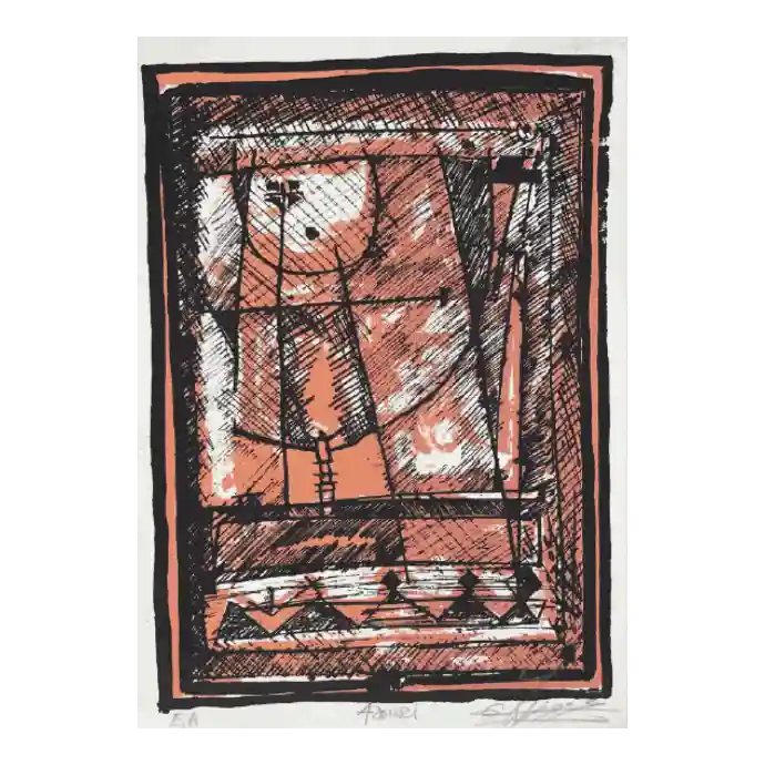 Sérigraphie sans titre de Mohamed Azouzi — 16 × 23 cm, abstraction et écriture arabe