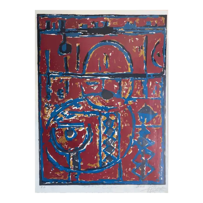 Tapisserie, sérigraphie de Mohamed Azouzi, 1980 — 43 × 59,5 cm, signes et traditions marocaines
