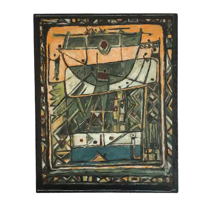 Les Illusionnistes, technique mixte sur toile, 1999, 50×40 cm — Mohamed Azouzi