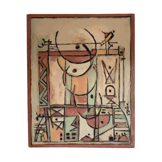 Les 5 Histoires, peinture à l'huile, 1999, 80×64 cm — Mohamed Azouzi