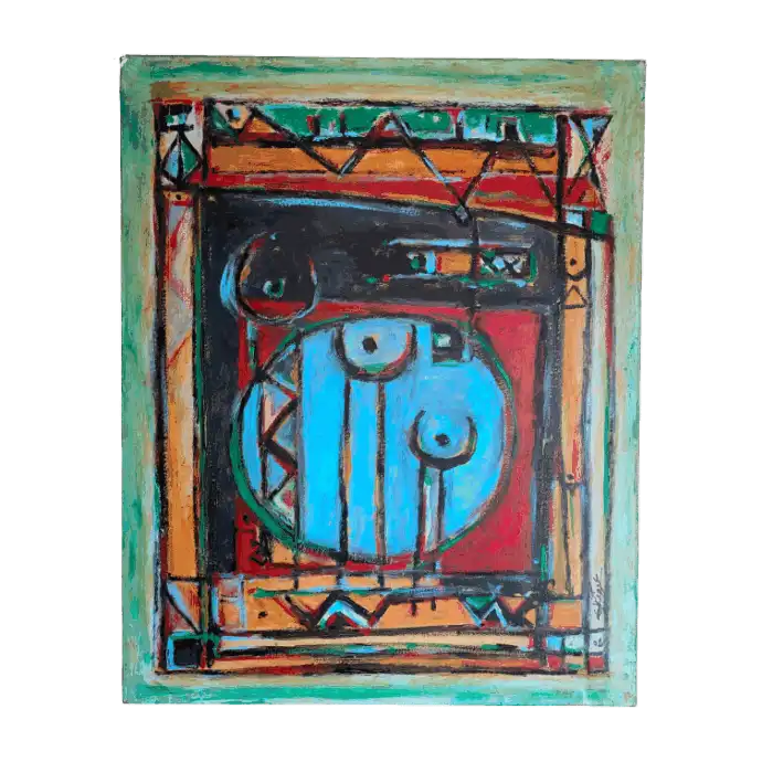 La Boule Bleue, peinture à l'huile, 2002, 81×65 cm — Mohamed Azouzi