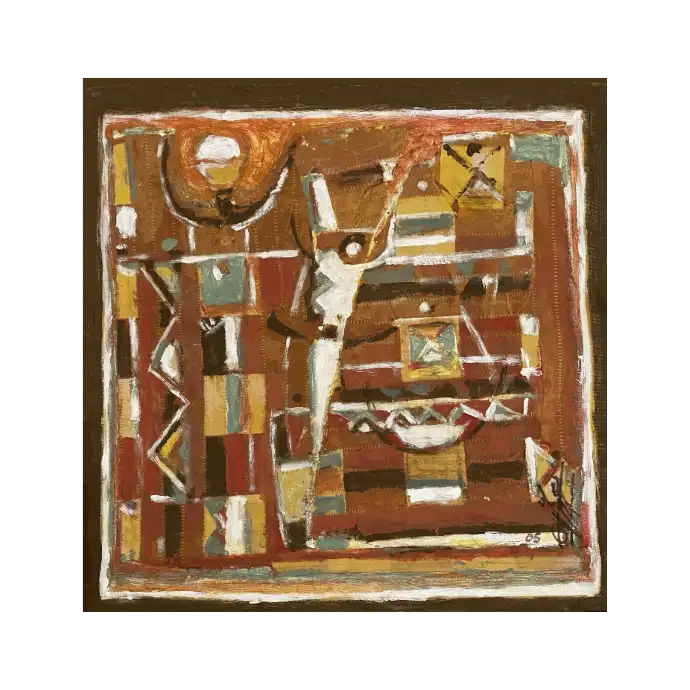 Le Noun et les Drapeaux, peinture à l'huile, 2005, 50×50 cm — Mohamed Azouzi, symbole du Noun et universalisme