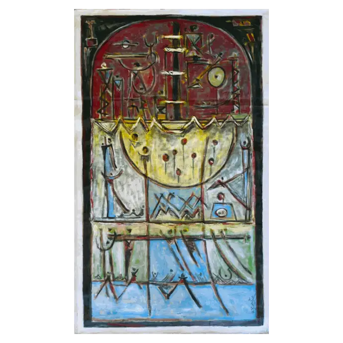 Les Tribus, techniques mixtes sur toile, 2005, 97×163 cm — Mohamed Azouzi