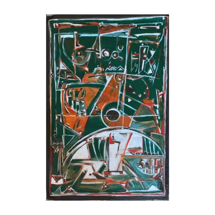 L'Exploitation, papier marouflé et peinture à l'huile, 1994, 129×193 cm — Mohamed Azouzi, grande composition engagée