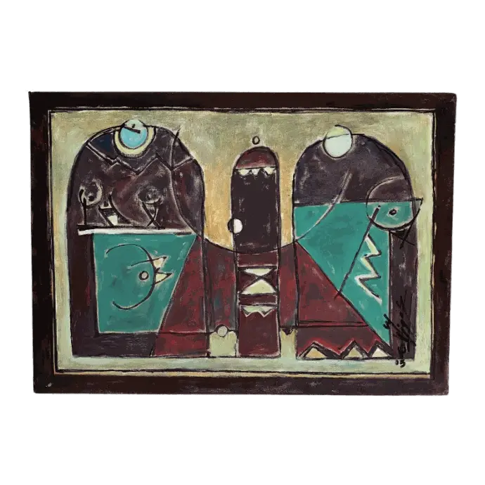 Conversation, peinture à l'huile, 2005, 46×33 cm — Mohamed Azouzi