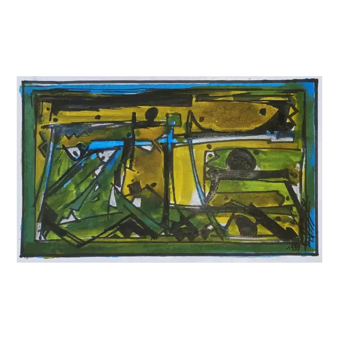 Une Cabane Africaine, techniques mixtes sur papier, 1999, 31,5×22 cm — Mohamed Azouzi