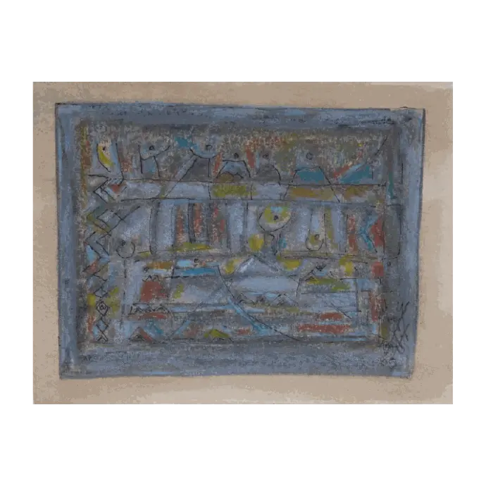 Les Retrouvailles près de la Bibliothèque, technique mixte sur papier, 2005, 22,5×15,5 cm — Mohamed Azouzi