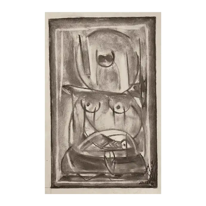 La Traduction de la Lettre, fusain sur papier, 1994, 28,5×44 cm — Mohamed Azouzi