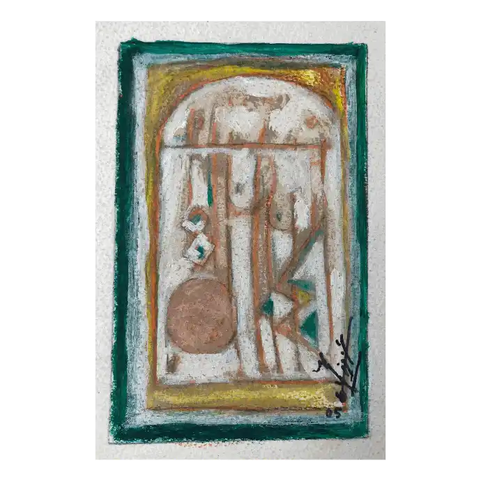 Devant le Miroir, peinture sur papier, 2005, 11×17,5 cm — Mohamed Azouzi