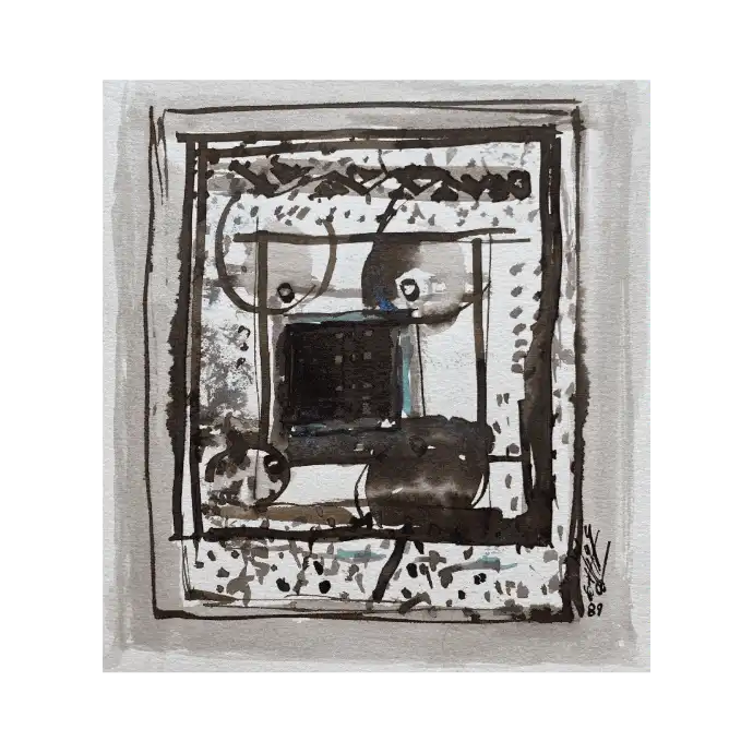 Quatre Personnages au Jeu, encre sur papier, 1989, 30×24,5 cm — Mohamed Azouzi