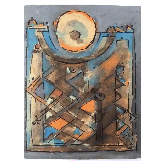 La Flexibilité, pastel et encre sur papier, 1988, 18×22 cm — Mohamed Azouzi