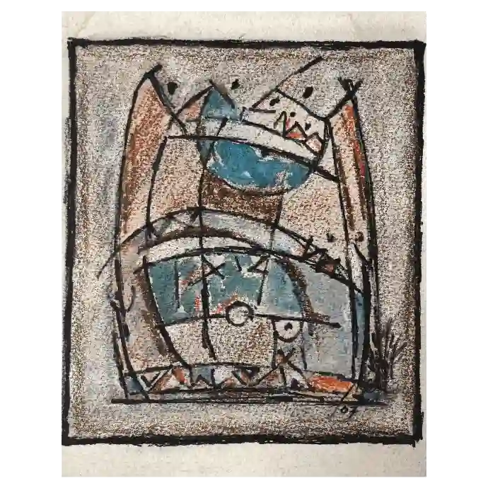 La Demeure et le Château, pastel et encre sur papier, 2007, 16×18,5 cm — Mohamed Azouzi