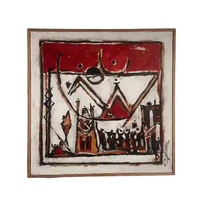 Un Ciel Rouge, huile sur papier collé, 1991, 50×50 cm — Mohamed Azouzi, collection de la Ville de Pantin
