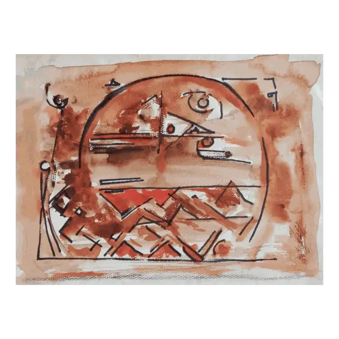 Composition aux Touches Rouges, technique mixte sur papier, 1990, 32×25 cm — Mohamed Azouzi