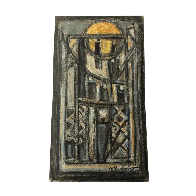 Le Village Ensoleillé, pastel sur papier, 1999, 12×21 cm — Mohamed Azouzi