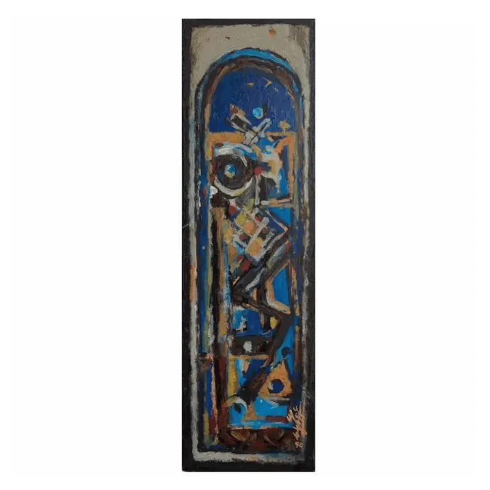 Quelques Tâches, huile sur bois, 1990, 12×39 cm — Mohamed Azouzi