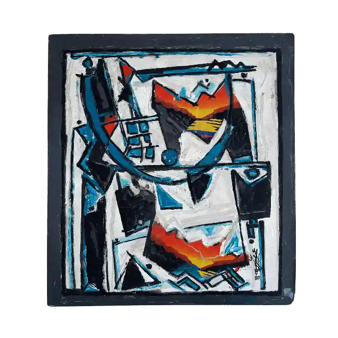 Volcan et Neige, technique mixte sur bois, 1989, 43×39 cm — Mohamed Azouzi
