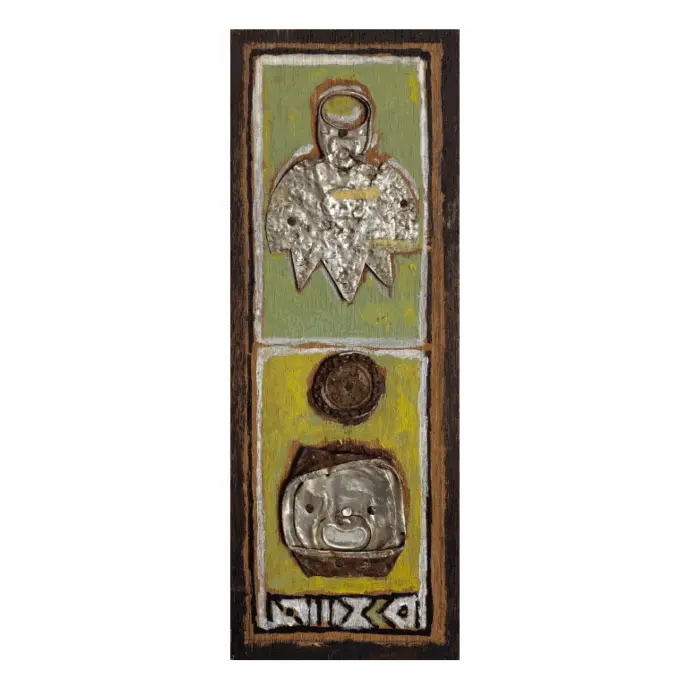 Recyclage #1, technique mixte sur bois, 10,5×28,5 cm — Mohamed Azouzi