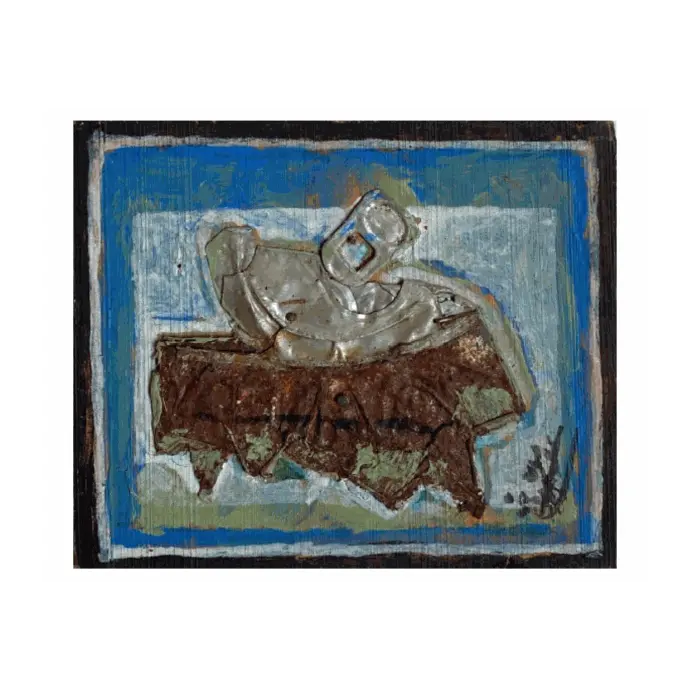 Recyclage #2, technique mixte sur bois, 2005, 13,5×11 cm — Mohamed Azouzi