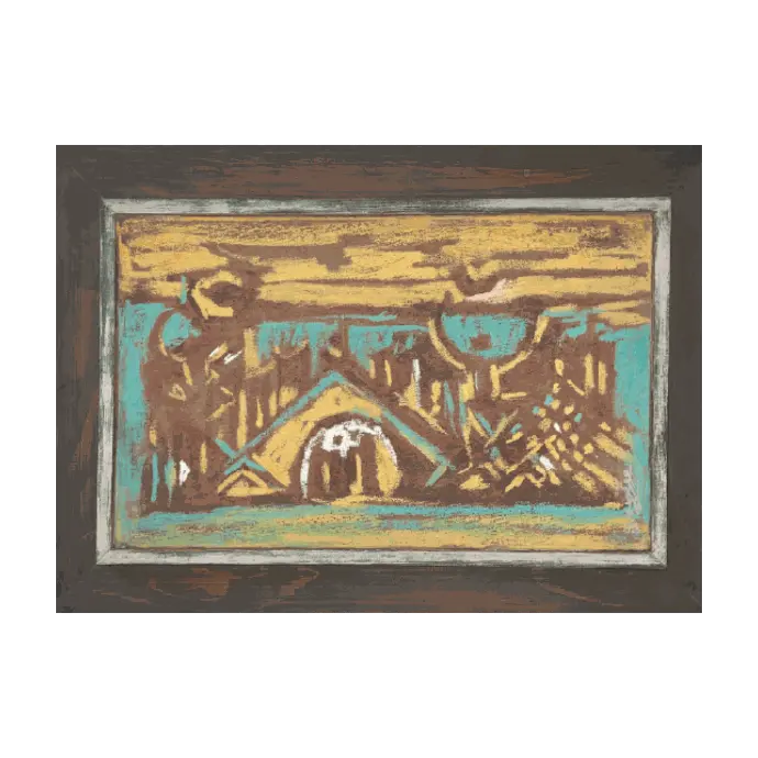 Le Souk, technique mixte sur bois, 1988, 32,5×45,5 cm — Mohamed Azouzi