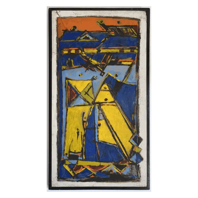 Le Voilier, techniques mixtes sur bois, 1991, 33×61 cm — Mohamed Azouzi