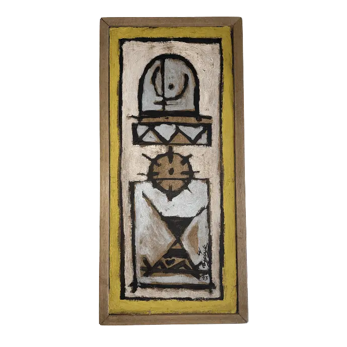 Le Cobaye, technique mixte sur bois, 1993, 50×24 cm — Mohamed Azouzi