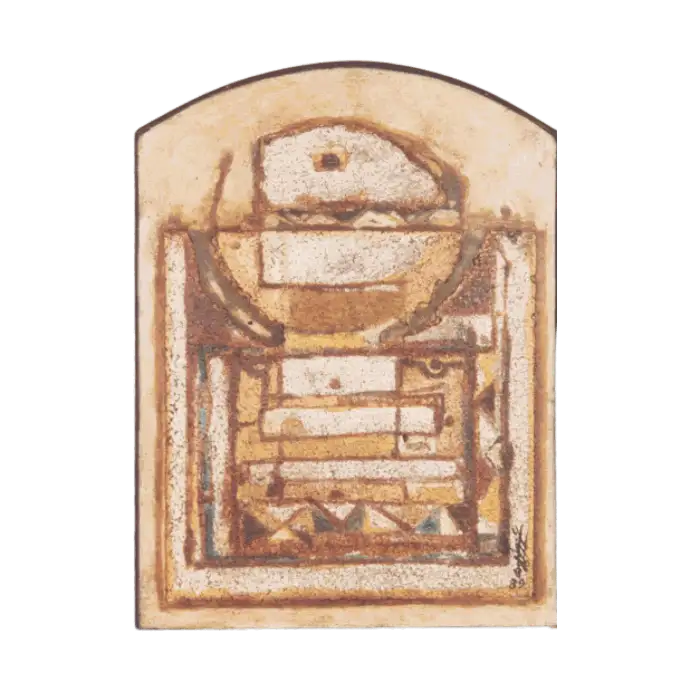 Les Archéologues, huile et liège sur bois, 1989, 46,2×34,6 cm — Mohamed Azouzi, collection de la Ville de Pantin