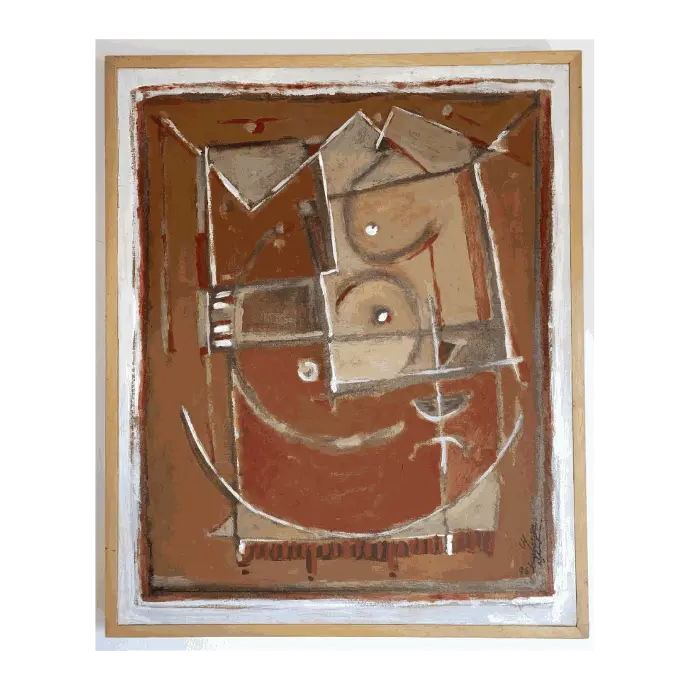 Construction, techniques mixtes sur bois, 1996, 63×52 cm — Mohamed Azouzi