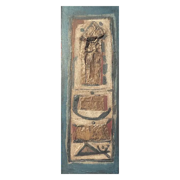 La Vérité de Mouna, techniques mixtes sur bois, 1993, 14×40 cm — Mohamed Azouzi