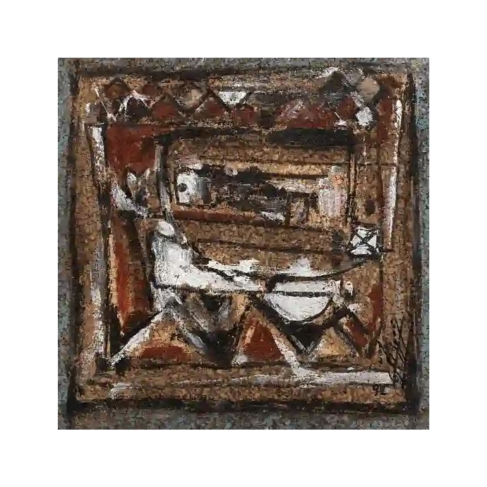 Liège, technique mixte sur bois avec liège, 1992, 29×29,5 cm — Mohamed Azouzi