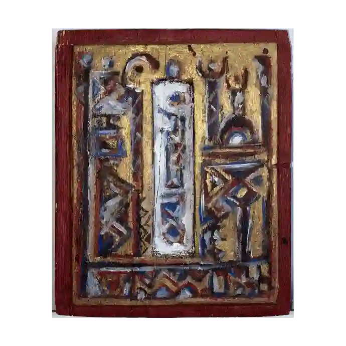 Sarcophage, techniques mixtes sur bois, 20×24,5 cm — Mohamed Azouzi