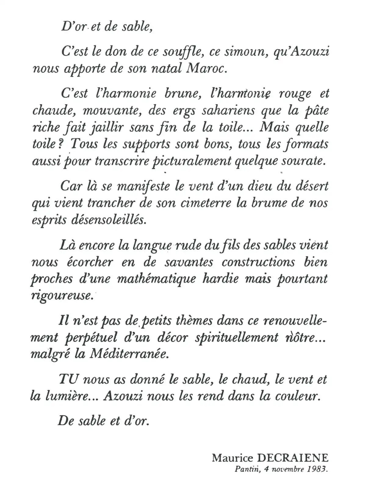 Mohamed Azouzi — Maurice Decraiene, 1983 — Poésie, Pantin, 4 novembre 1983