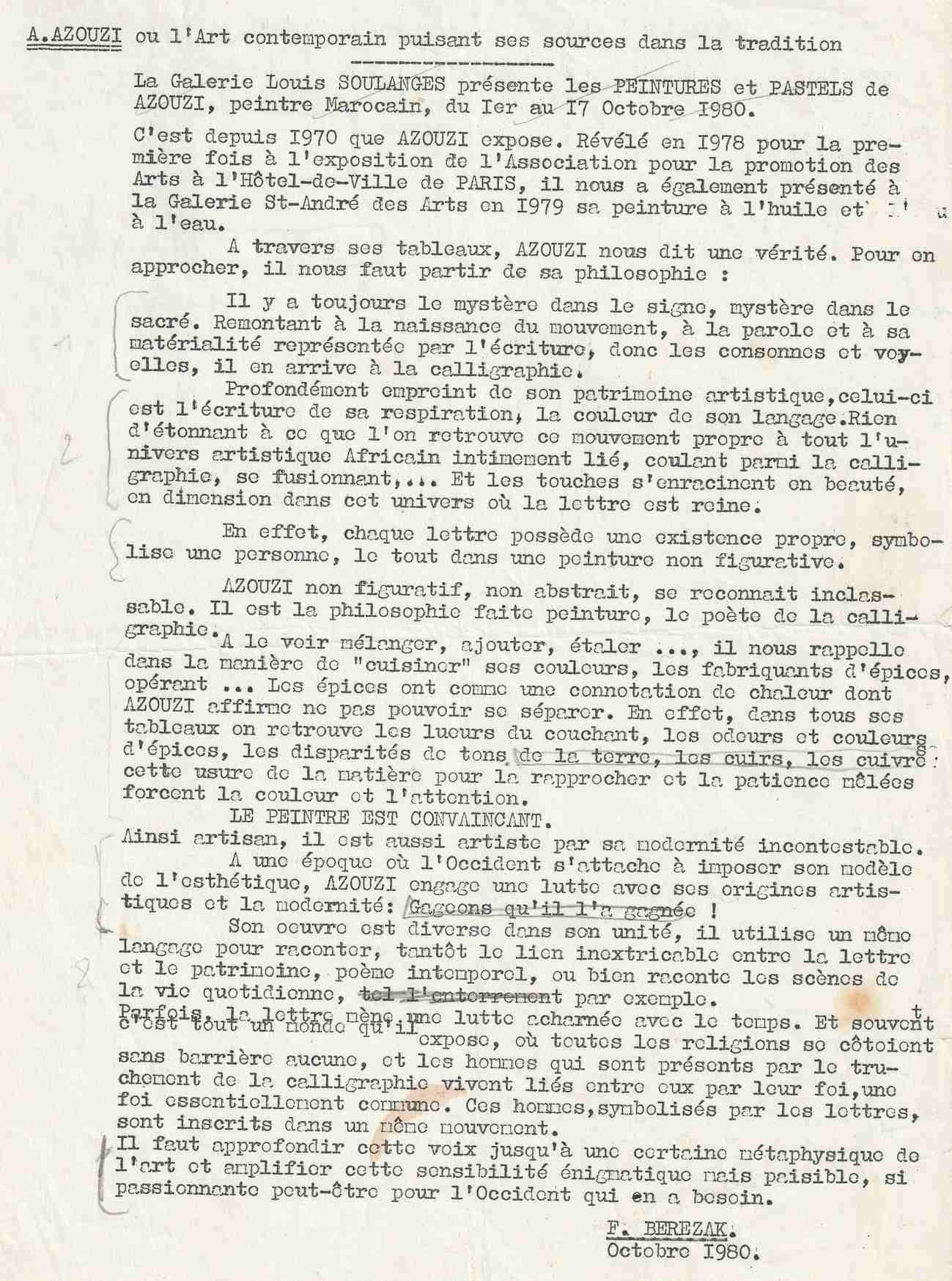Mohamed Azouzi — F. Berezak, Octobre 1980 — L'art contemporain puisant ses sources dans la tradition