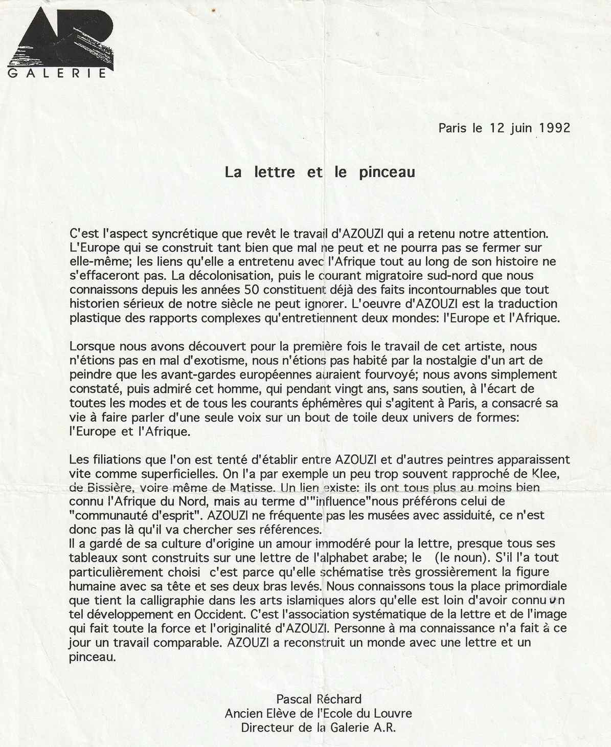 Mohamed Azouzi — Pascal Réchard, Juin 1992 — Paris, La lettre et le pinceau