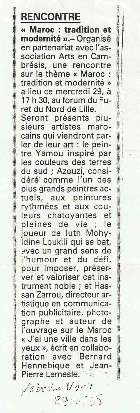 Mohamed Azouzi — La Voix du Nord, 1998 — Rencontre Maroc, tradition et modernité