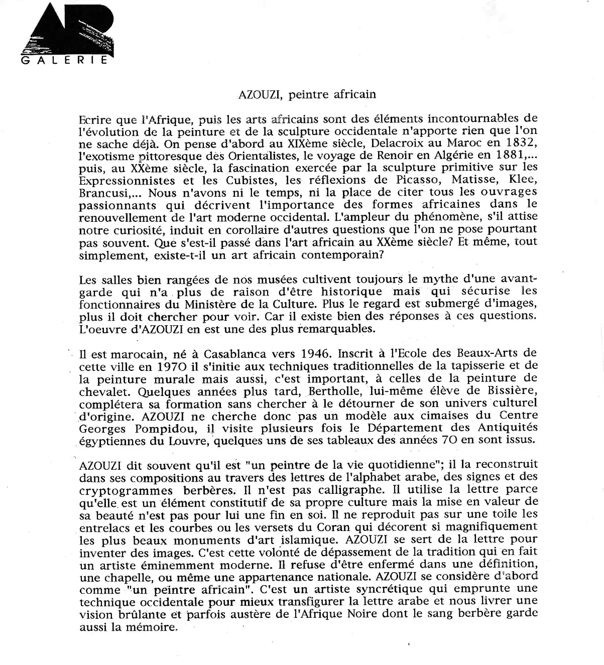 Mohamed Azouzi — Pascal Réchard, 1995 — Azouzi, peintre africain, D'arts d'arts n°1, Janvier 1995