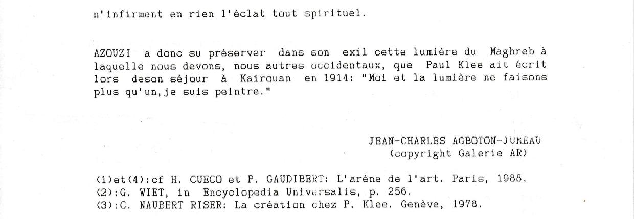 Mohamed Azouzi — Hôtel Saint-Aignan, Juillet 1988 — Catalogue d'exposition organisée par la Galerie A.R., Paris