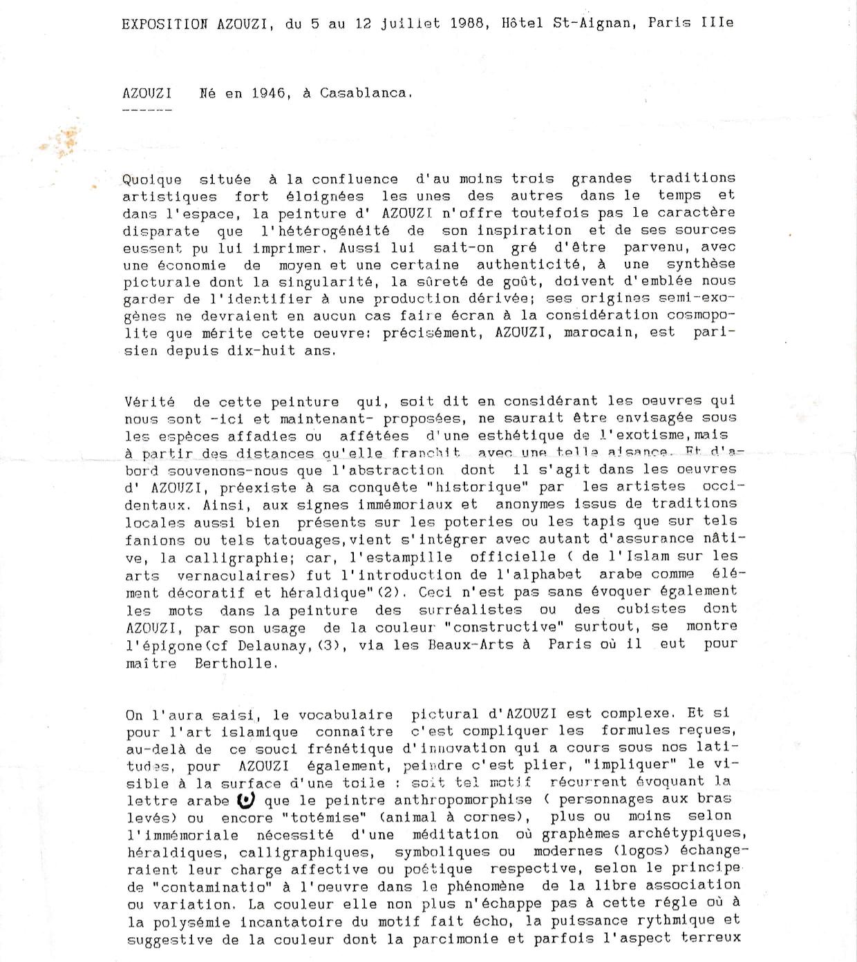 Mohamed Azouzi — Jean-Charles Agboton-Jumeau, Juillet 1988 — À l'occasion de l'exposition à l'Hôtel Saint-Aignan Mohamed Azouzi — Jean-Charles Agboton-Jumeau, Juillet 1988 — À l'occasion de l'exposition à l'Hôtel Saint-Aignan