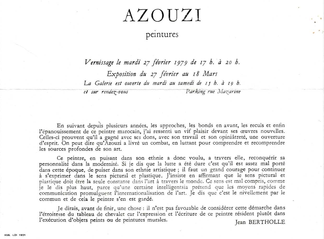 Mohamed Azouzi — Jean Bertholle, 1979 — À l'occasion de l'exposition à La Galerie, rue Saint-André des Arts, Paris