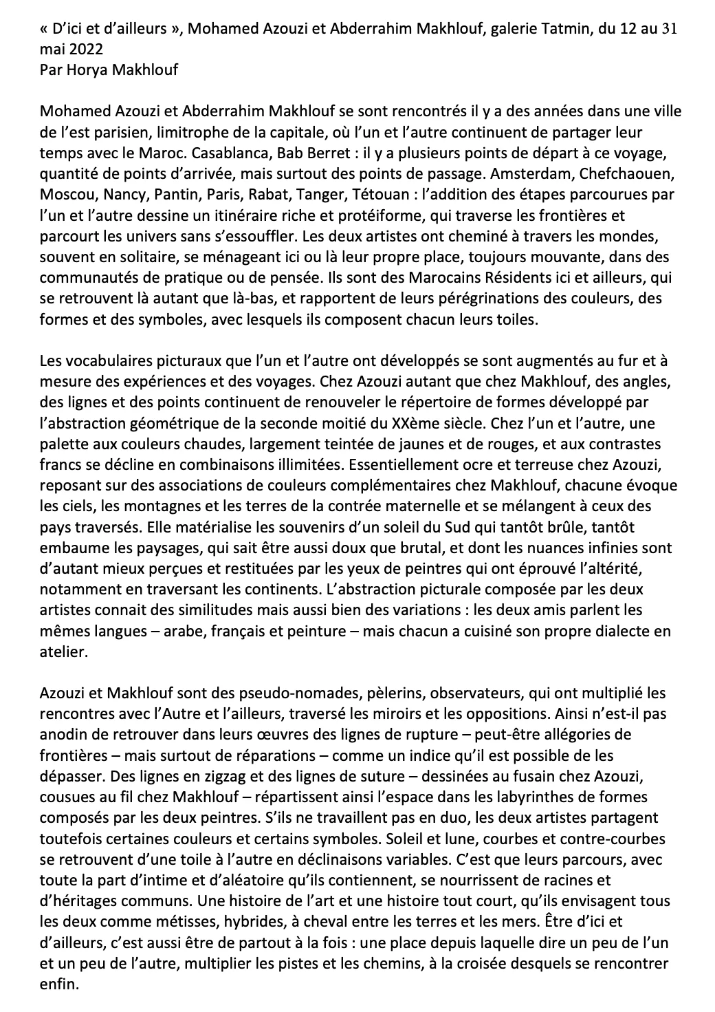 Mohamed Azouzi — Horya Makhlouf, Mai 2022 — À l'occasion de l'exposition D'ici et d'ailleurs, Galerie Tatmin, Rabat